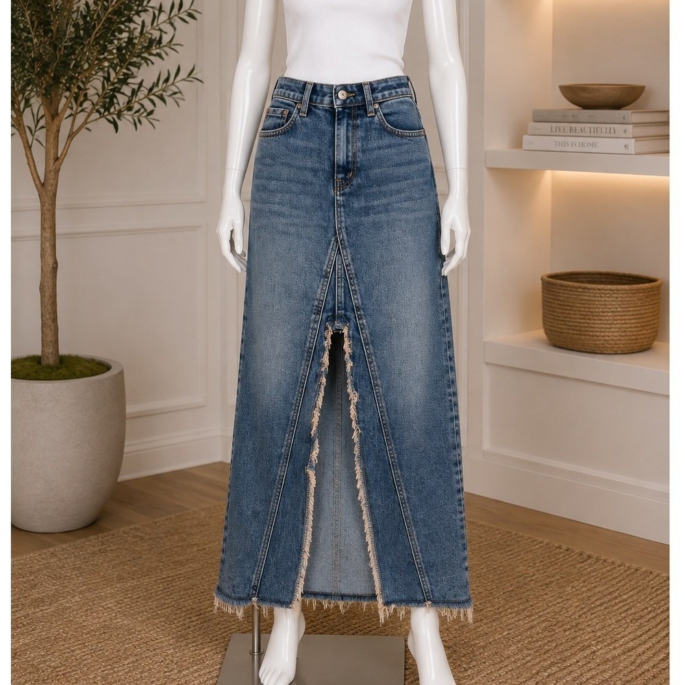 Third Womens Denim Maxi Skirt Distressed Front Slit Blue XL